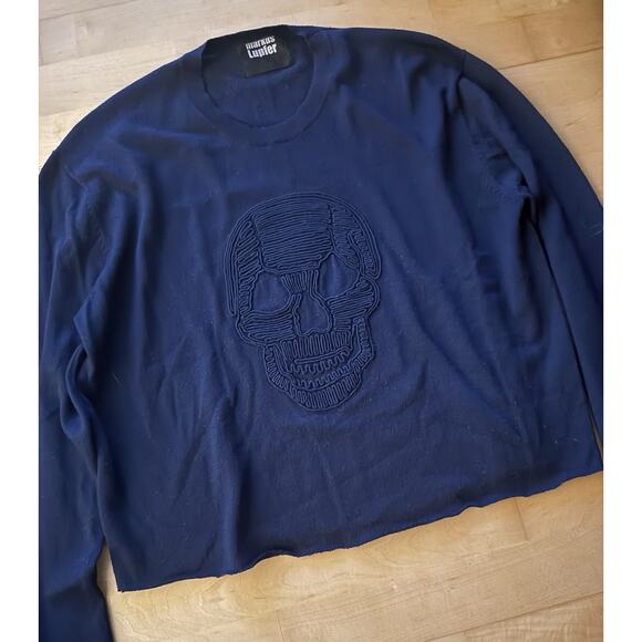 Markus Lupfer Cropped Skull Embroidered Graphic Sweatshirt Navy Blue Long Sleeve - Picture 1 of 3